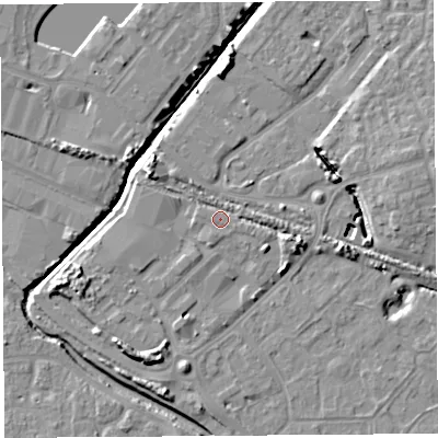 Shaded relief map of the ground around BS207FS, computed from Environment Agency LiDAR. The ground here sits at about 8 m above sea level and falls 9 m across the surrounding 800 m. Surface water reaching this point runs off ground lying to the east-south-east, 4.9 m higher.