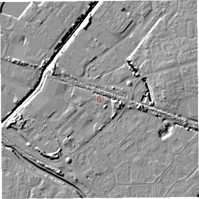 Shaded relief map of the ground around BS207FT, computed from Environment Agency LiDAR. The ground here sits at about 8 m above sea level and falls 9 m across the surrounding 800 m. Surface water reaching this point runs off ground lying to the east-south-east, 4.9 m higher.