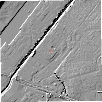 Shaded relief map of the ground around BS207FU, computed from Environment Agency LiDAR. The ground here sits at about 8 m above sea level and falls 21 m across the surrounding 800 m. Surface water reaching this point runs off ground lying to the west-south-west, 0.5 m higher.