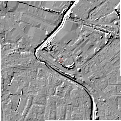 Shaded relief map of the ground around BS207GA, computed from Environment Agency LiDAR. The ground here sits at about 8 m above sea level and falls 9 m across the surrounding 800 m. Surface water reaching this point runs off ground lying to the south-south-east, 4.6 m higher.