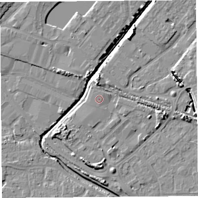 Shaded relief map of the ground around BS207GD, computed from Environment Agency LiDAR. The ground here sits at about 8 m above sea level and falls 9 m across the surrounding 800 m. The ground contributing surface water to this point lies to the north.