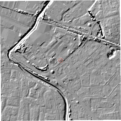 Shaded relief map of the ground around BS207GF, computed from Environment Agency LiDAR. The ground here sits at about 8 m above sea level and falls 9 m across the surrounding 800 m. Surface water reaching this point runs off ground lying to the west, 2.7 m higher.