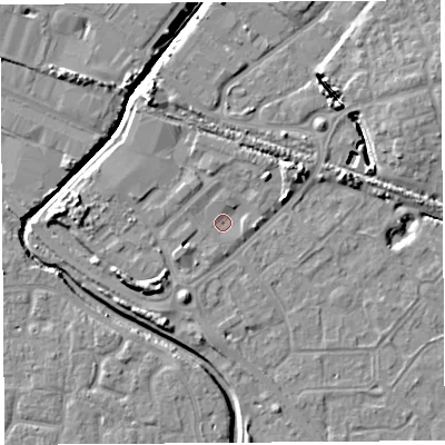 Shaded relief map of the ground around BS207GG, computed from Environment Agency LiDAR. The ground here sits at about 7 m above sea level and falls 9 m across the surrounding 800 m. Surface water reaching this point runs off ground lying to the west-north-west, 1.7 m higher.