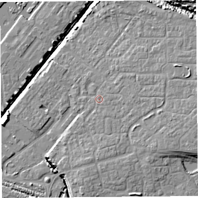 Shaded relief map of the ground around BS207GH, computed from Environment Agency LiDAR. The ground here sits at about 9 m above sea level and falls 13 m across the surrounding 800 m. Surface water reaching this point runs off ground lying to the east-north-east, 5.4 m higher.