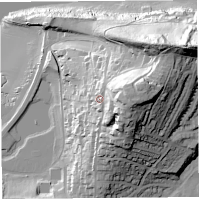 Shaded relief map of the ground around BS207HA, computed from Environment Agency LiDAR. The ground here sits at about 39 m above sea level and falls 67 m across the surrounding 800 m. Surface water reaching this point runs off ground lying to the east, 21.3 m higher.