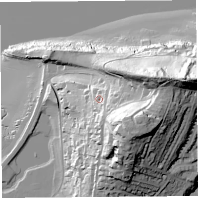 Shaded relief map of the ground around BS207HB, computed from Environment Agency LiDAR. The ground here sits at about 32 m above sea level and falls 67 m across the surrounding 800 m. Surface water reaching this point runs off ground lying to the south-east, 8.1 m higher.