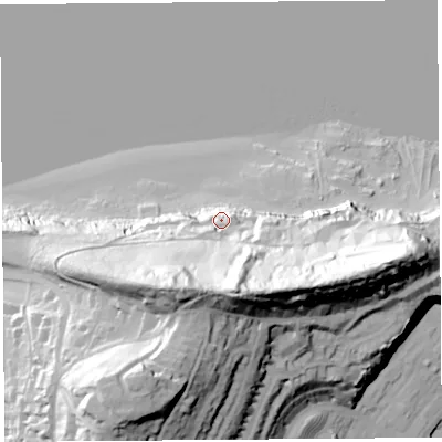 Shaded relief map of the ground around BS207HF, computed from Environment Agency LiDAR. The ground here sits at about 16 m above sea level and falls 67 m across the surrounding 800 m. Surface water reaching this point runs off ground lying to the south, 55.9 m higher.