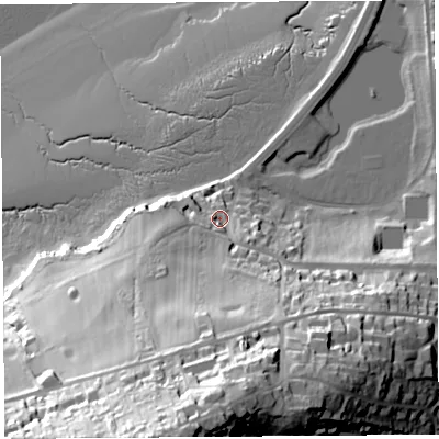 Shaded relief map of the ground around BS207HU, computed from Environment Agency LiDAR. The ground here sits at about 15 m above sea level and falls 78 m across the surrounding 800 m. Surface water reaching this point runs off ground lying to the south, 51.1 m higher.