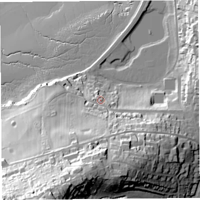 Shaded relief map of the ground around BS207HX, computed from Environment Agency LiDAR. The ground here sits at about 19 m above sea level and falls 83 m across the surrounding 800 m. Surface water reaching this point runs off ground lying to the south, 39.3 m higher.