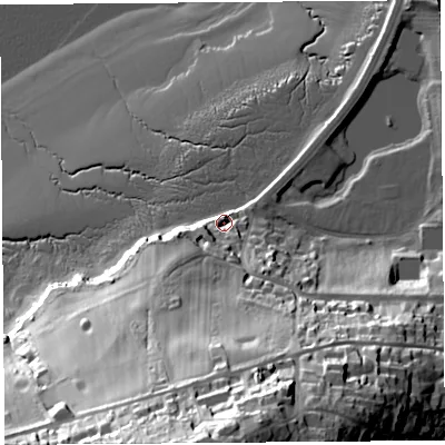 Shaded relief map of the ground around BS207HY, computed from Environment Agency LiDAR. The ground here sits at about 10 m above sea level and falls 70 m across the surrounding 800 m. Surface water reaching this point runs off ground lying to the south, 57.3 m higher.