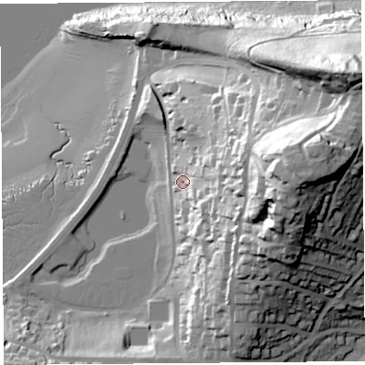 Shaded relief map of the ground around BS207JA, computed from Environment Agency LiDAR. The ground here sits at about 15 m above sea level and falls 67 m across the surrounding 800 m. Surface water reaching this point runs off ground lying to the east, 28.2 m higher.
