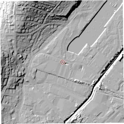 Shaded relief map of the ground around BS207JG, computed from Environment Agency LiDAR. The ground here sits at about 9 m above sea level and falls 37 m across the surrounding 800 m. Surface water reaching this point runs off ground lying to the west-south-west, 1.2 m higher.