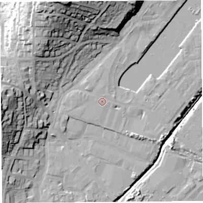 Shaded relief map of the ground around BS207JN, computed from Environment Agency LiDAR. The ground here sits at about 9 m above sea level and falls 39 m across the surrounding 800 m. Surface water reaching this point runs off ground lying to the west-south-west, 1.0 m higher.