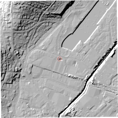 Shaded relief map of the ground around BS207JQ, computed from Environment Agency LiDAR. The ground here sits at about 9 m above sea level and falls 35 m across the surrounding 800 m. Surface water reaching this point runs off ground lying to the west-south-west, 2.5 m higher.