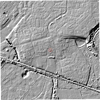 Shaded relief map of the ground around BS207JS, computed from Environment Agency LiDAR. The ground here sits at about 10 m above sea level and falls 10 m across the surrounding 800 m. Surface water reaching this point runs off ground lying to the west-north-west, 1.4 m higher.