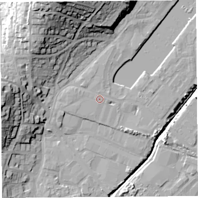 Shaded relief map of the ground around BS207JW, computed from Environment Agency LiDAR. The ground here sits at about 9 m above sea level and falls 38 m across the surrounding 800 m. Surface water reaching this point runs off ground lying to the west-south-west, 1.2 m higher.