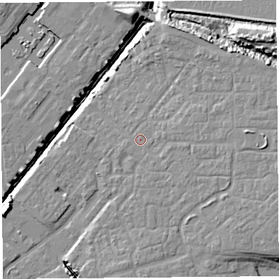Shaded relief map of the ground around BS207JX, computed from Environment Agency LiDAR. The ground here sits at about 9 m above sea level and falls 15 m across the surrounding 800 m. Surface water reaching this point runs off ground lying to the east, 5.5 m higher.