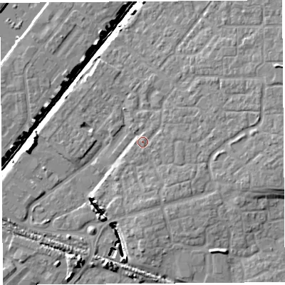 Shaded relief map of the ground around BS207JY, computed from Environment Agency LiDAR. The ground here sits at about 9 m above sea level and falls 11 m across the surrounding 800 m. Surface water reaching this point runs off ground lying to the east, 1.1 m higher.