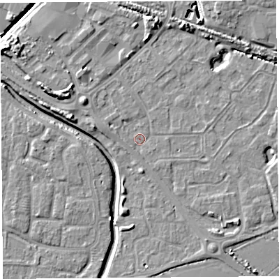 Shaded relief map of the ground around BS207LA, computed from Environment Agency LiDAR. The ground here sits at about 7 m above sea level and falls 8 m across the surrounding 800 m. Surface water reaching this point runs off ground lying to the north-west, 1.5 m higher.