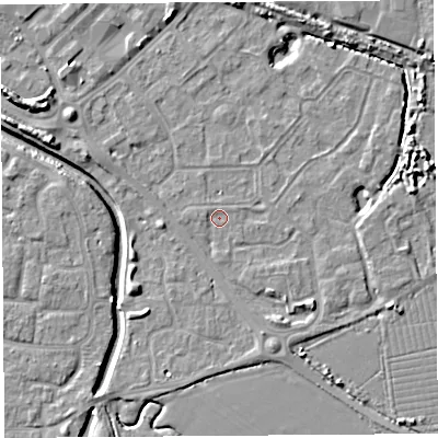 Shaded relief map of the ground around BS207LB, computed from Environment Agency LiDAR. The ground here sits at about 7 m above sea level and falls 8 m across the surrounding 800 m. Surface water reaching this point runs off ground lying to the west, 1.1 m higher.