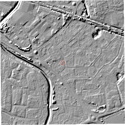 Shaded relief map of the ground around BS207LD, computed from Environment Agency LiDAR. The ground here sits at about 7 m above sea level and falls 8 m across the surrounding 800 m. Surface water reaching this point runs off ground lying to the north-north-west, 0.7 m higher.