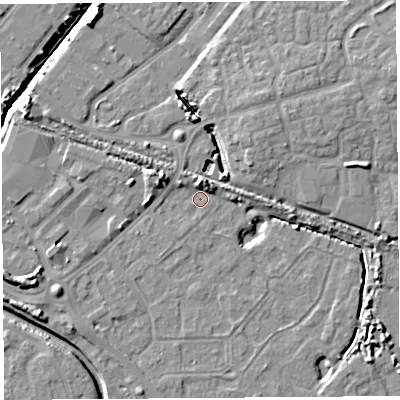 Shaded relief map of the ground around BS207LE, computed from Environment Agency LiDAR. The ground here sits at about 7 m above sea level and falls 9 m across the surrounding 800 m. Surface water reaching this point runs off ground lying to the west-north-west, 5.5 m higher.