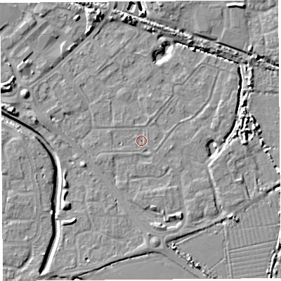 Shaded relief map of the ground around BS207LF, computed from Environment Agency LiDAR. The ground here sits at about 7 m above sea level and falls 8 m across the surrounding 800 m. Surface water reaching this point runs off ground lying to the west-north-west, 0.9 m higher.
