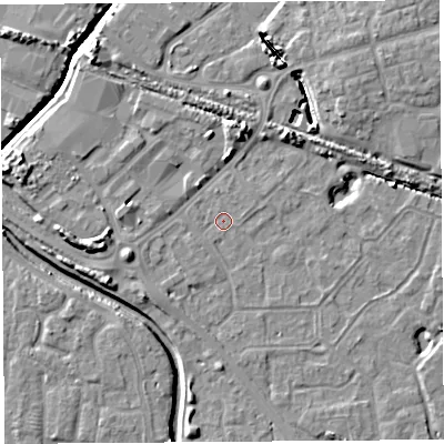 Shaded relief map of the ground around BS207LG, computed from Environment Agency LiDAR. The ground here sits at about 7 m above sea level and falls 9 m across the surrounding 800 m. Surface water reaching this point runs off ground lying to the west, 4.9 m higher.