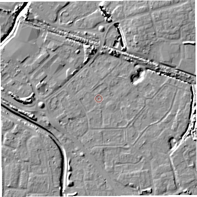 Shaded relief map of the ground around BS207LH, computed from Environment Agency LiDAR. The ground here sits at about 7 m above sea level and falls 9 m across the surrounding 800 m. Surface water reaching this point runs off ground lying to the north-east, 1.0 m higher.