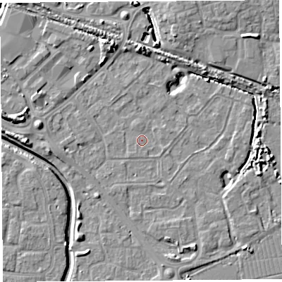 Shaded relief map of the ground around BS207LJ, computed from Environment Agency LiDAR. The ground here sits at about 7 m above sea level and falls 8 m across the surrounding 800 m. Surface water reaching this point runs off ground lying to the east-north-east, 0.9 m higher.