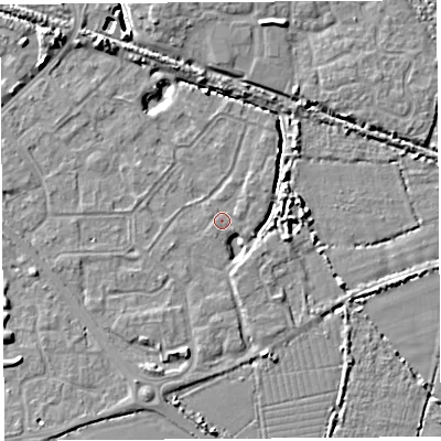Shaded relief map of the ground around BS207LL, computed from Environment Agency LiDAR. The ground here sits at about 7 m above sea level and falls 7 m across the surrounding 800 m. Surface water reaching this point runs off ground lying to the east-north-east, 0.7 m higher.
