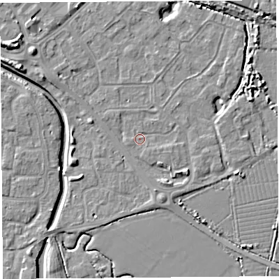Shaded relief map of the ground around BS207LN, computed from Environment Agency LiDAR. The ground here sits at about 7 m above sea level and falls 8 m across the surrounding 800 m. Surface water reaching this point runs off ground lying to the south-east, 2.0 m higher.