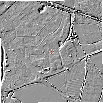Shaded relief map of the ground around BS207LP, computed from Environment Agency LiDAR. The ground here sits at about 7 m above sea level and falls 7 m across the surrounding 800 m. Surface water reaching this point runs off ground lying to the south, 2.4 m higher.