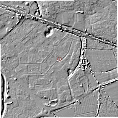 Shaded relief map of the ground around BS207LQ, computed from Environment Agency LiDAR. The ground here sits at about 6 m above sea level and falls 8 m across the surrounding 800 m. Surface water reaching this point runs off ground lying to the west, 1.5 m higher.
