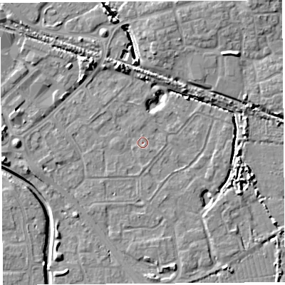 Shaded relief map of the ground around BS207LR, computed from Environment Agency LiDAR. The ground here sits at about 7 m above sea level and falls 8 m across the surrounding 800 m. Surface water reaching this point runs off ground lying to the south-south-east, 0.9 m higher.
