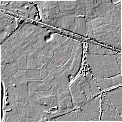 Shaded relief map of the ground around BS207LT, computed from Environment Agency LiDAR. The ground here sits at about 7 m above sea level and falls 8 m across the surrounding 800 m. Surface water reaching this point runs off ground lying to the west, 1.4 m higher.