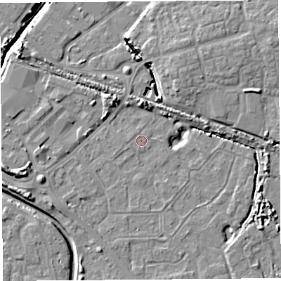 Shaded relief map of the ground around BS207LU, computed from Environment Agency LiDAR. The ground here sits at about 7 m above sea level and falls 9 m across the surrounding 800 m. The ground contributing surface water to this point lies to the east-north-east.