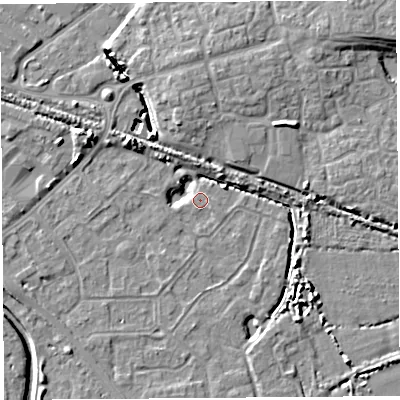 Shaded relief map of the ground around BS207LW, computed from Environment Agency LiDAR. The ground here sits at about 7 m above sea level and falls 9 m across the surrounding 800 m. Surface water reaching this point runs off ground lying to the south-east, 2.8 m higher.