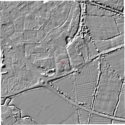Shaded relief map of the ground around BS207LX, computed from Environment Agency LiDAR. The ground here sits at about 7 m above sea level and falls 6 m across the surrounding 800 m. Surface water reaching this point runs off ground lying to the north-east, 0.5 m higher.
