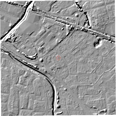 Shaded relief map of the ground around BS207LZ, computed from Environment Agency LiDAR. The ground here sits at about 7 m above sea level and falls 9 m across the surrounding 800 m. Surface water reaching this point runs off ground lying to the west, 4.9 m higher.