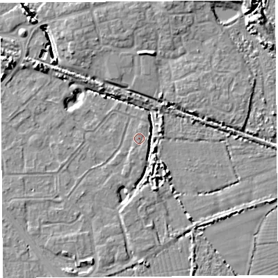 Shaded relief map of the ground around BS207NA, computed from Environment Agency LiDAR. The ground here sits at about 7 m above sea level and falls 9 m across the surrounding 800 m. Surface water reaching this point runs off ground lying to the south-south-west, 0.6 m higher.