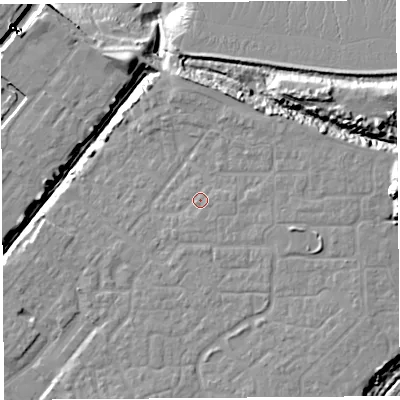 Shaded relief map of the ground around BS207NJ, computed from Environment Agency LiDAR. The ground here sits at about 10 m above sea level and falls 24 m across the surrounding 800 m. Surface water reaching this point runs off ground lying to the east, 2.1 m higher.