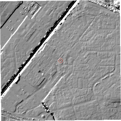Shaded relief map of the ground around BS207NQ, computed from Environment Agency LiDAR. The ground here sits at about 8 m above sea level and falls 12 m across the surrounding 800 m. Surface water reaching this point runs off ground lying to the east, 4.3 m higher.