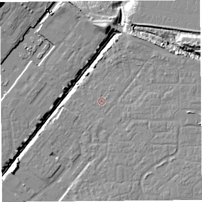 Shaded relief map of the ground around BS207NS, computed from Environment Agency LiDAR. The ground here sits at about 8 m above sea level and falls 27 m across the surrounding 800 m. Surface water reaching this point runs off ground lying to the east, 1.1 m higher.