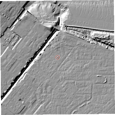 Shaded relief map of the ground around BS207NT, computed from Environment Agency LiDAR. The ground here sits at about 9 m above sea level and falls 27 m across the surrounding 800 m. Surface water reaching this point runs off ground lying to the east, 6.5 m higher.