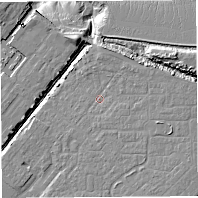 Shaded relief map of the ground around BS207NW, computed from Environment Agency LiDAR. The ground here sits at about 9 m above sea level and falls 19 m across the surrounding 800 m. Surface water reaching this point runs off ground lying to the east-north-east, 6.0 m higher.