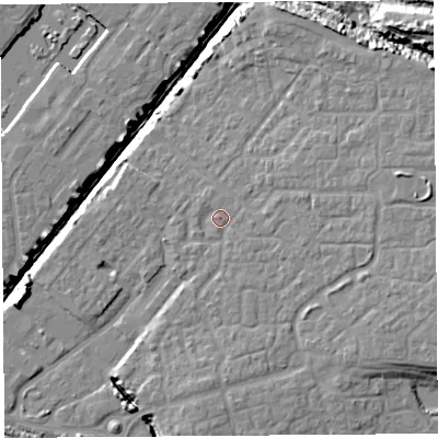 Shaded relief map of the ground around BS207NY, computed from Environment Agency LiDAR. The ground here sits at about 9 m above sea level and falls 13 m across the surrounding 800 m. Surface water reaching this point runs off ground lying to the east, 3.8 m higher.