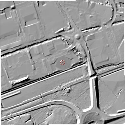 Shaded relief map of the ground around BS207NZ, computed from Environment Agency LiDAR. The ground here sits at about 8 m above sea level and falls 11 m across the surrounding 800 m. Surface water reaching this point runs off ground lying to the north, 2.1 m higher.