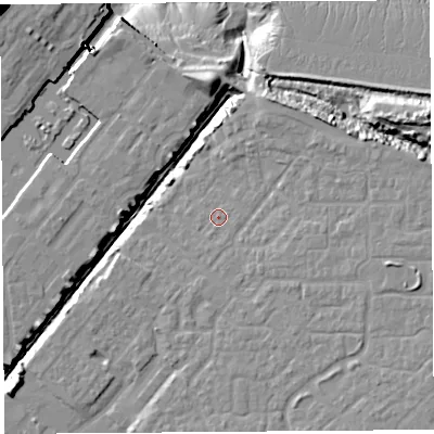 Shaded relief map of the ground around BS207PA, computed from Environment Agency LiDAR. The ground here sits at about 8 m above sea level and falls 33 m across the surrounding 800 m. Surface water reaching this point runs off ground lying to the east-south-east, 0.9 m higher.