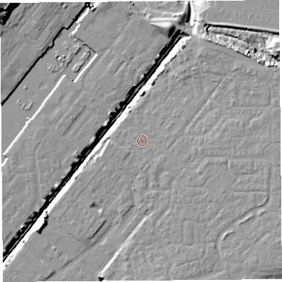 Shaded relief map of the ground around BS207PB, computed from Environment Agency LiDAR. The ground here sits at about 8 m above sea level and falls 28 m across the surrounding 800 m. Surface water reaching this point runs off ground lying to the east, 4.8 m higher.